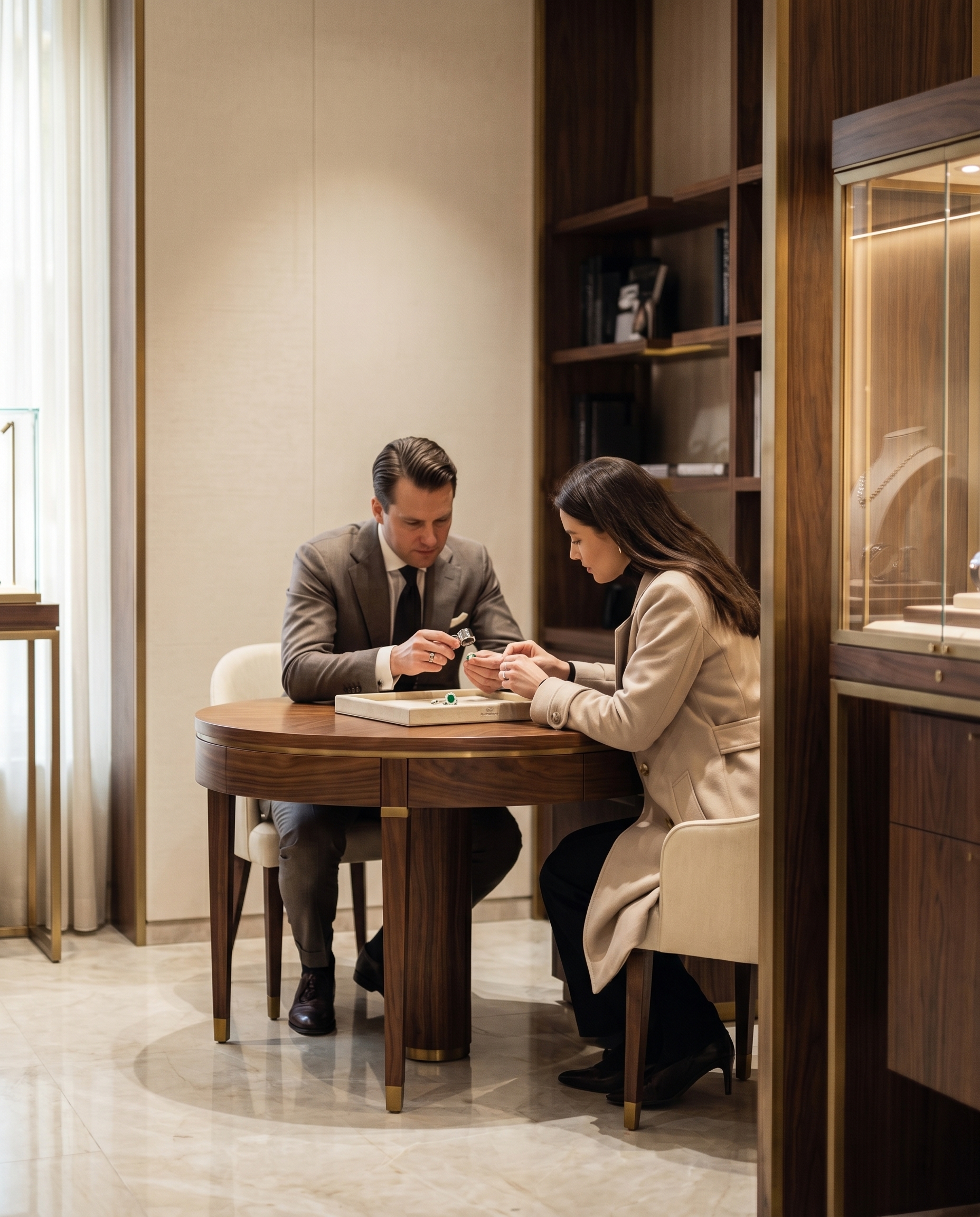 Geerbter Diamantschmuck wird im Salon diskret begutachtet.